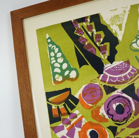 Image 1 of mid century color WOODCUT 'flowers" by heinz friedrich no. 10/60 framed signed h. friedrich 70
