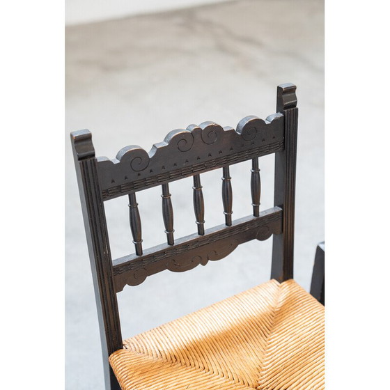 Image 1 of Pair of vintage low bedroom chairs in ash and woven rice straw, Italy 1960