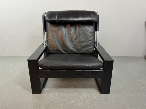 Image 1 of Beautiful black leather Brutalist armchair, designed by Sonja Wasseur. Amsterdam, Netherlands, 1970s.