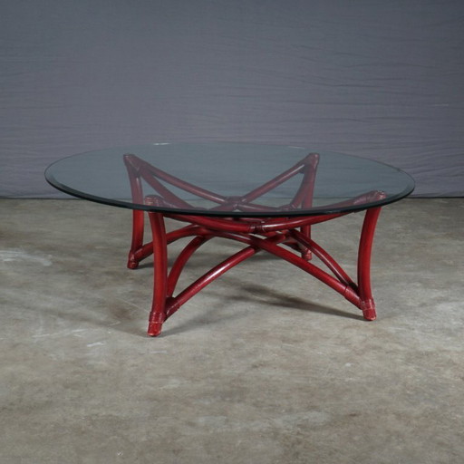 Table basse vintage en manou/bambou avec plateau en verre – années 1980