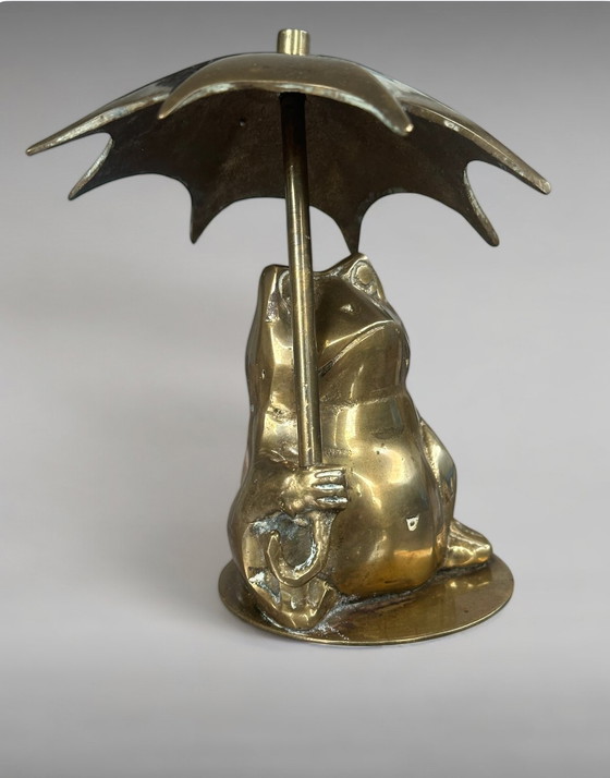 Image 1 of Vintage Frog Under Umbrella Brass Figure