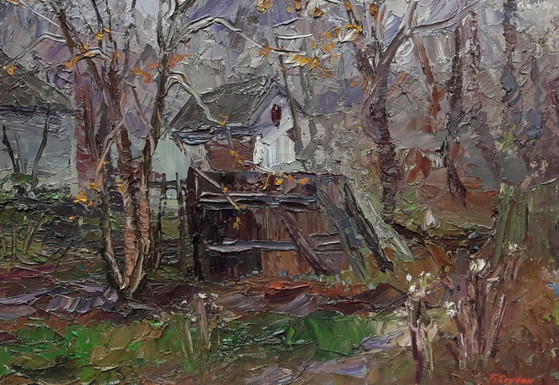 Origineel olieverfschilderij Landelijk Landschap Dorpshuis Herfst Verlaten Erf – Schilderijen & Tekeningen (photo 4 of 8)