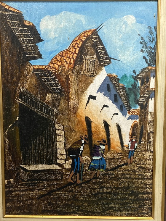 Peruvian Costumbrista painting on canvas, Andean street scene, Centro Artesanal Magdalena, Lima (photo 2 of 9)