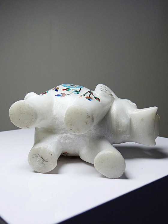 Image 1 of Elefante indiano decorativo in alabastro intarsiato con pietre, artigianato vintage