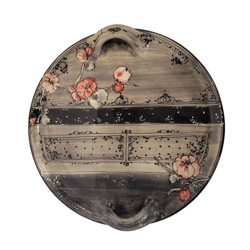 Plateau en céramique à motifs floraux, Poterie Galtié, années 80 – France