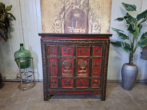 Image 1 of Antique hand-painted Napalese sideboard, chest of drawers, and wall table, dimensions 90x50cm and 94cm high.