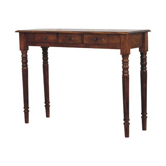 Mangoholz Konsolentisch Chestnut – 3 Schubladen & Gedrechselte Beine – Artisan, Beistelltische, Wood (photo 4 of 9)