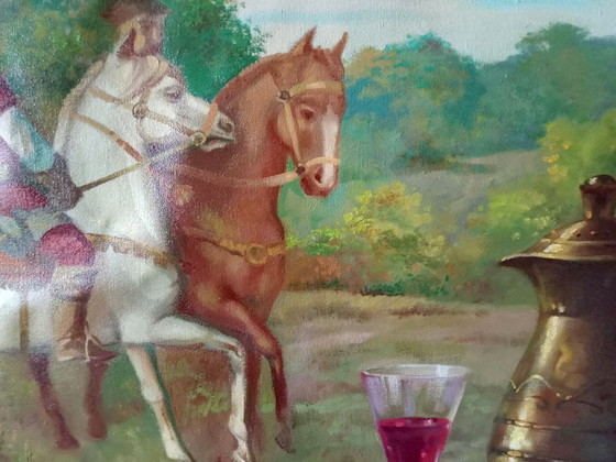 Pittura a olio originale Espressionismo Natura morta Cavaliere Caccia – Dipinti e disegni, Canvas (photo 8 of 9)