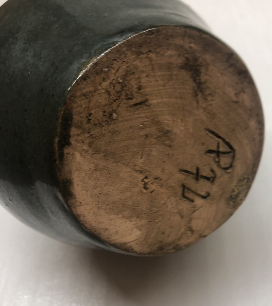 Image 1 of Vintage Blue Ceramic Vase Signed AP