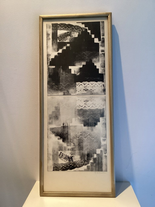 Einzigartiger Materialdruck/Radierung Brügge von B. De Bouvre (70er/80er Jahre). Abstraktes Modernismus.