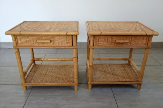Coppia di comodini in vimini intrecciato e bambù, anni '70/'80 – Rattan, Wicker (photo 2 of 15)