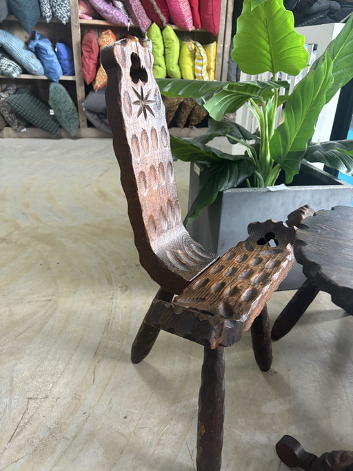 Set of 2 Brutalist tripod chairs and small table