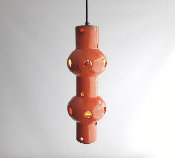Image 1 of Suspension vintage en faïence orange, style « fat lava » d'Allemagne de l'Ouest, lampe suspendue rétro en céramique