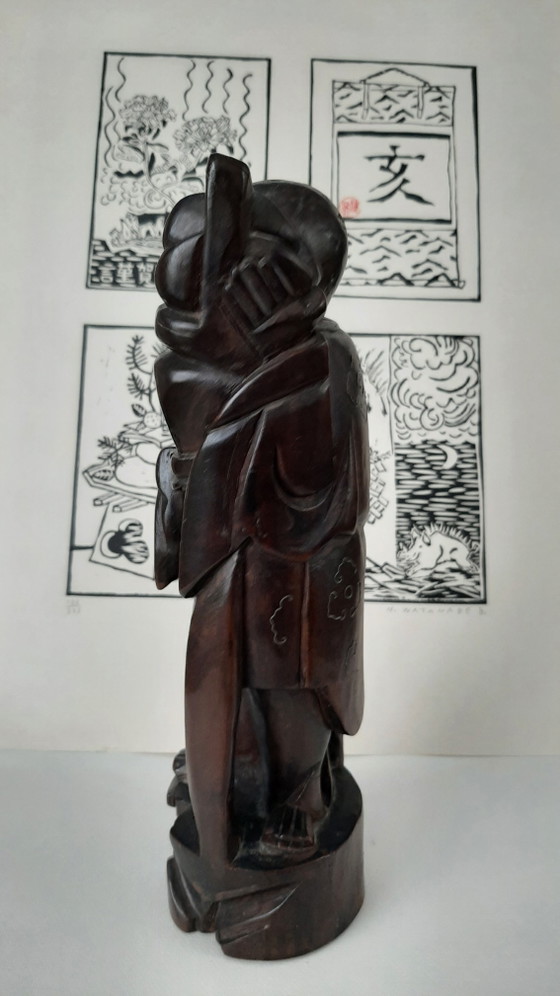 Image 1 of Antiek Chinees houten beeld, 1920 met zilverinleg