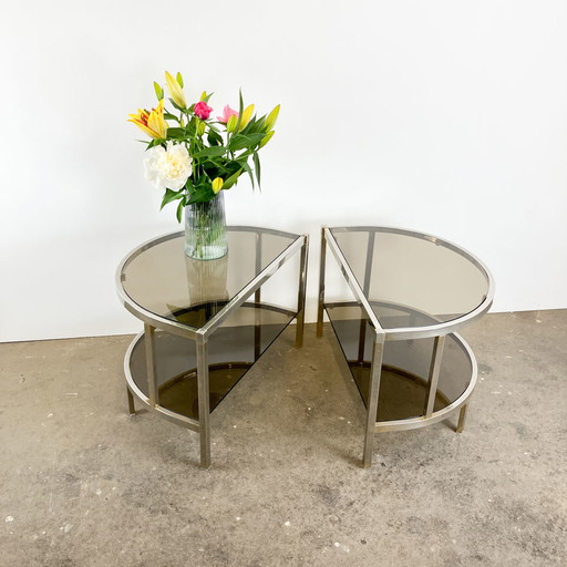 Table d'appoint, structure métallique avec 2 plateaux en verre fumé, années 1970