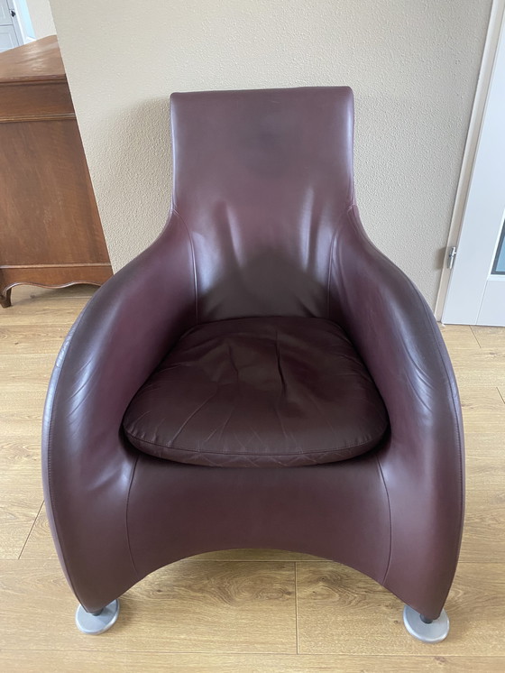 Image 1 of 2 vintage Montis Loge armchairs with aubergine leather backrest