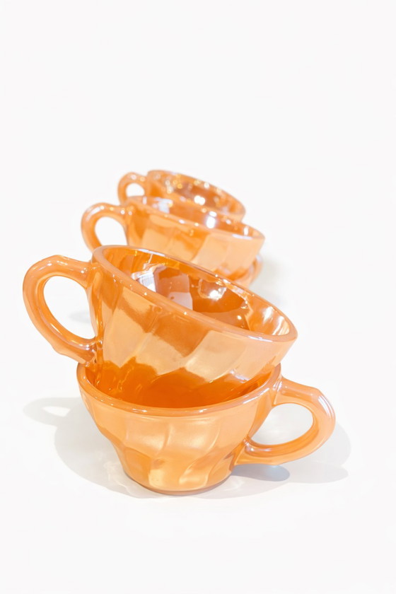 Image 1 of Service à café vintage Anchor Hocking Fire-King à reflets pêche – Style moderne du milieu du siècle – vers 1940-1950