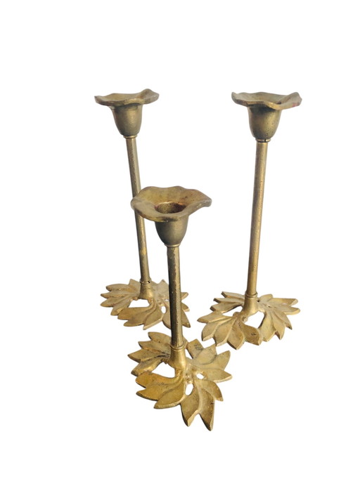 Set van drie art nouveau vintage messing kandelaars bloemen 