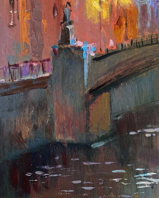 Image 1 of Original Oil Painting Evening Bridge Landscape Streets of the city at night