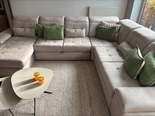 Luxurious soft leather-look corner sofa (U-shape) with sleeping function & storage space – almost new