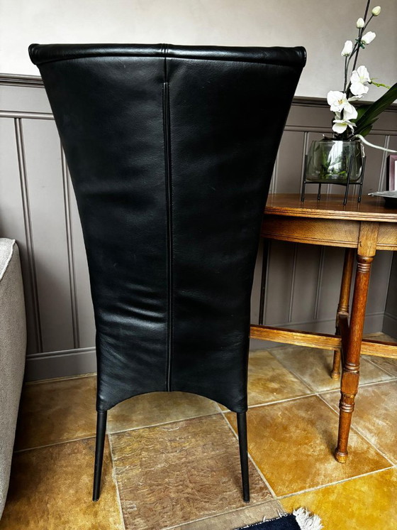 Image 1 of Set van 8 Luxe Designer Eetkamerstoelen - Zwart Kalfsleer met Beige Accent