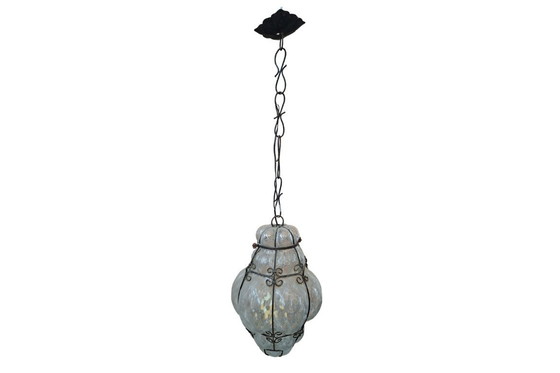 Image 1 of Lampada a Sospensione Vintage in Vetro Soffiato e Ferro Battuto