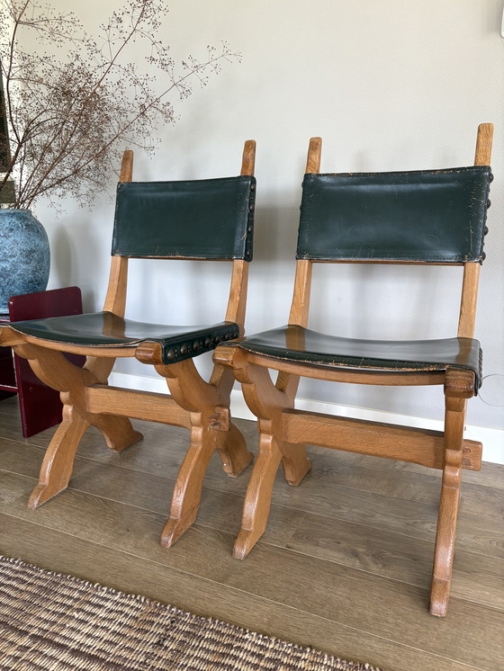 Image 1 of Vintage set of Bram Sprij chairs oak & leather brutalist style