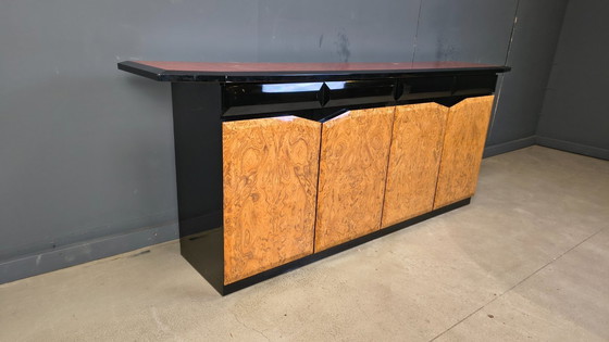 Image 1 of Vintage lacquer and burl wood credenza, 1980s