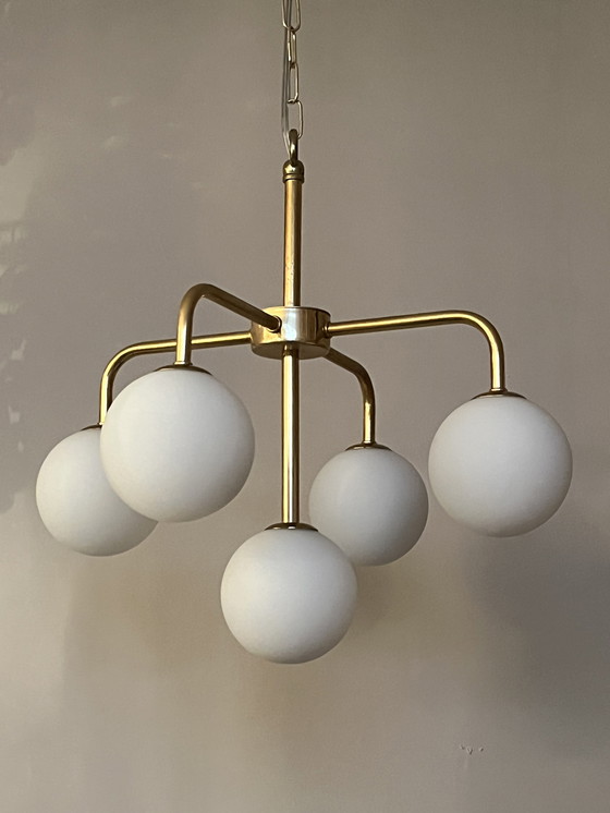 Image 1 of Vintage Spherical Pendant Lamp Gold Frame Milk Glass