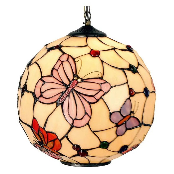 Suspension Tiffany ronde avec papillons, Cristal, Verre, Beige (photo 2 sur 2)