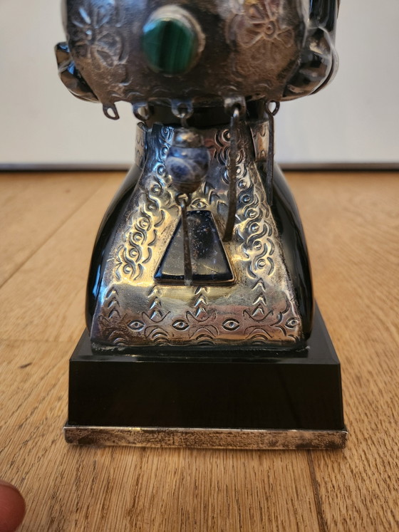 Image 1 of 2 large Mexican sculptures – Solid Obsidian & Alpaca/Silver with Turquoise inlay – 35 cm – Monumental weight: 8.8 kg!