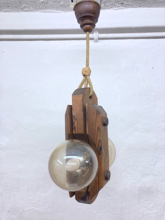 Image 1 of Pendant lamp by Temde, made of wood and glass, two-light, 70s brutalist style