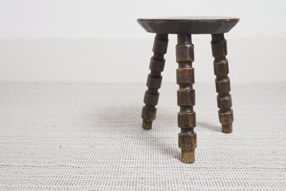 Image 1 of Vintage Bobbin Turned Wooden Stool Plant Stand Brutalist Rustic Tripod Stool Farmhouse Wabi Sabi Decor