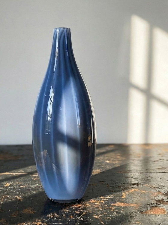 Image 1 of Large vintage pear-shaped vase in smoked glass lined with opaline glass, Murano soap bubble design