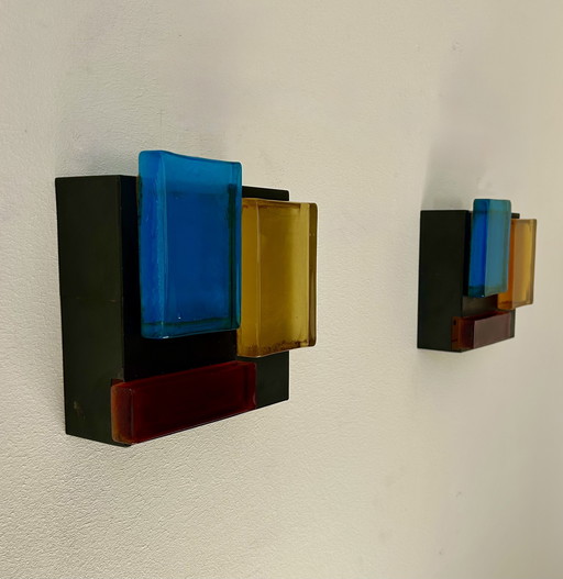 Paire d’Appliques Vintage, Métal Noir Mat et Pâte de Verre, France 1960