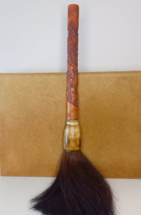 Image 1 of Ancient Chinese calligraphy brush – Wooden handle with carving – Bone – Animal hair (horse)