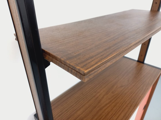 Image 1 of Libreria componibile vintage italiana in melaminico con decori in legno e metallo degli anni '60