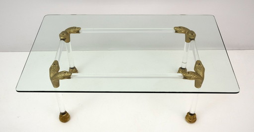 Mid Century Lucite en Messing Italiaanse Salontafel met Slangenkop Details, 1970