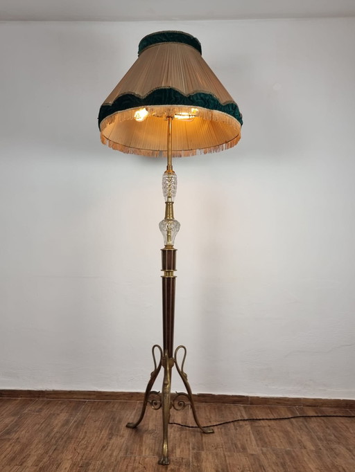 Lampadaire en laiton, verre et tissu, années 1940