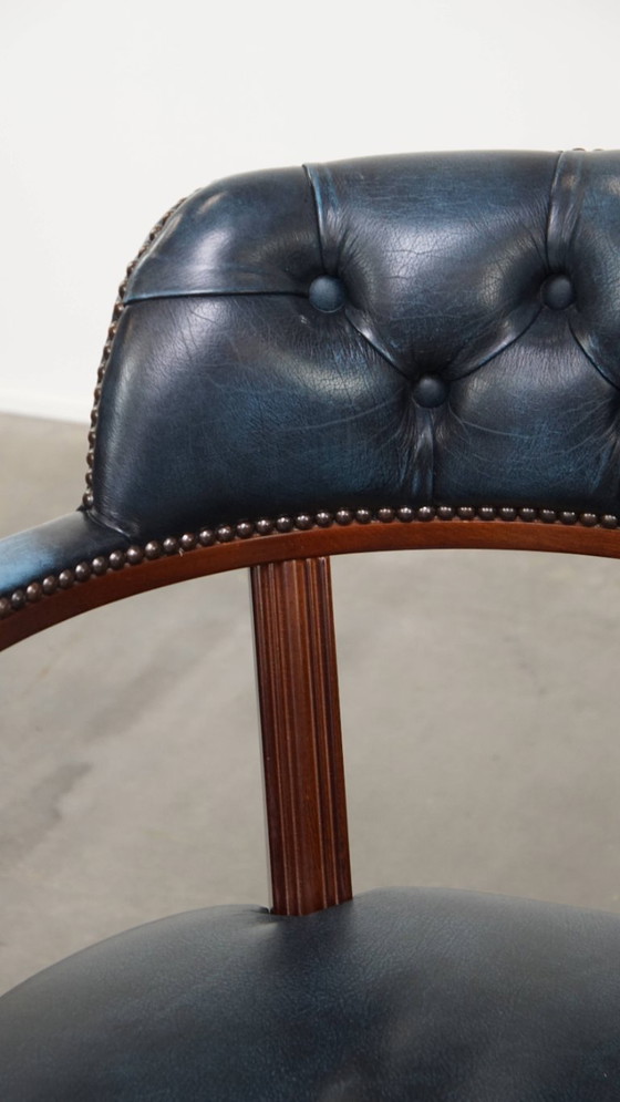Image 1 of Blue cowhide leather and wood chesterfield office chair in English style