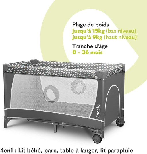 lionelo Flower lit Bebe Parapluie Parc Bebe, Deux hauteurs de Matelas, entrée latérale, Barre avec Jouets, Table à Langer sûre S