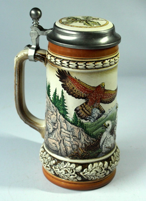 Original Gerz beer mug stoneware with pewter lid eagle in mountain world motif, vintage