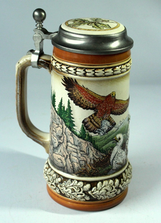 Image 1 of Original Gerz Chope à bière Faïence Avec couvercle en étain Aigle dans un motif de montagne, vintage