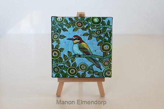 Image 1 of Unique Hand-Painted Small Painting including Bee-eater Donkey