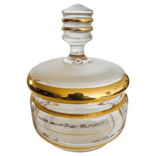 Scatola per gioielli Art Déco in vetro trasparente dorato 1950