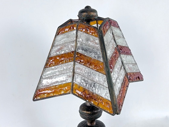 Image 1 of Monumentale, brutalistische Tischleuchte aus dickem Glas und Metall von Longobard. Italien, 1970er Jahre.