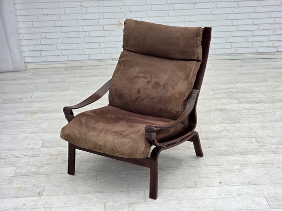 Image 1 of 1970s, Scandinavian lounge chair, nubuck leather, canvas, beech wood.