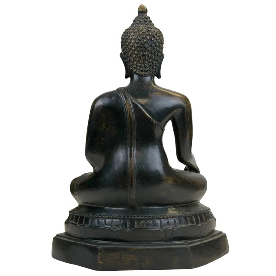 Buddha Thai in Bronzo in Bhumisparsha Mudra – Patina Scura – Sculture, Bronze, Klassiek (photo 5 of 10)