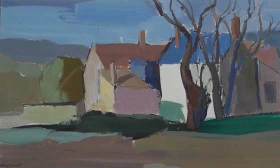 Image 1 of Hameau en hiver - Gouache signée Auzenet