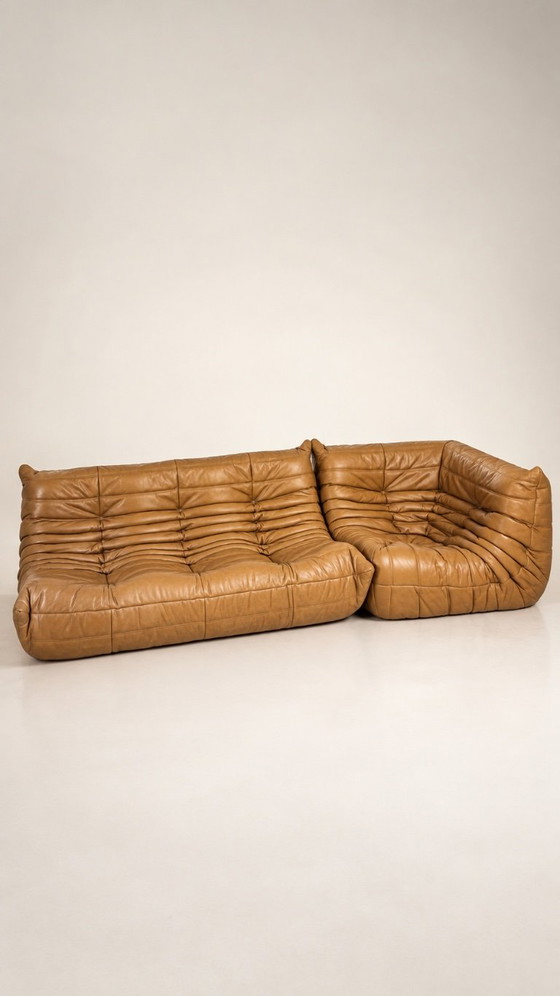 SET of 2 Togo sofas by Michel Ducaroy for Ligne Roset, in camel leather, Modular sofas, Beige (photo 12 of 12)